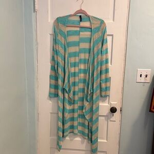 Vintage Turquoise and Ivory Striped Women's Long Cardigan